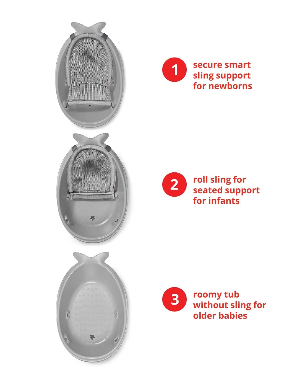 Infant Bath Tub 3-Stage Grow With Baby Smart Sling MOBY Bathtub Grey Age 0+