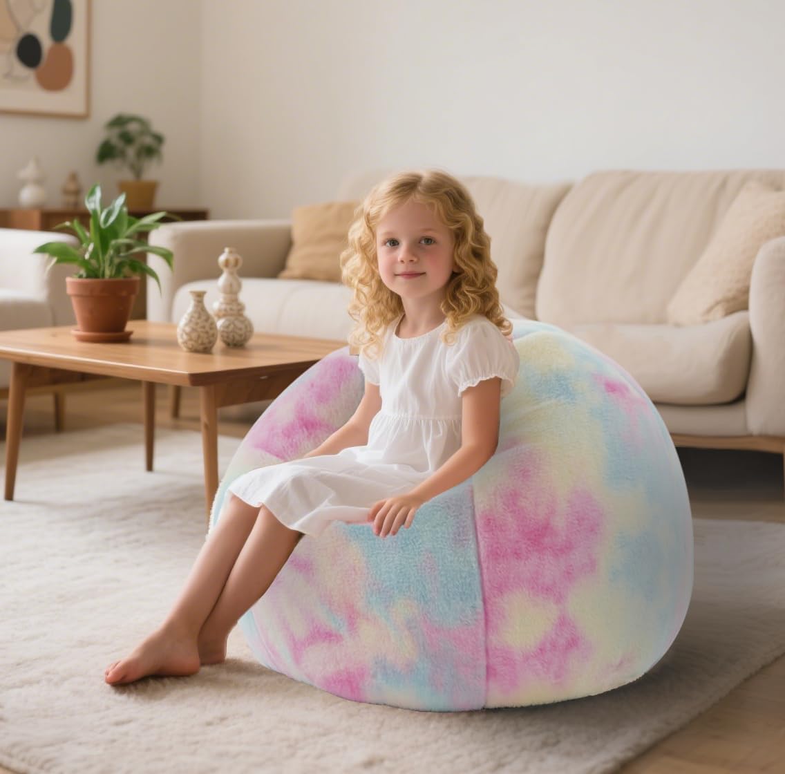 Modern Soft Fluffy Bean Bag Chair with Faux Rabbit Fur Cover, Memory Foam Bean Bag Chair