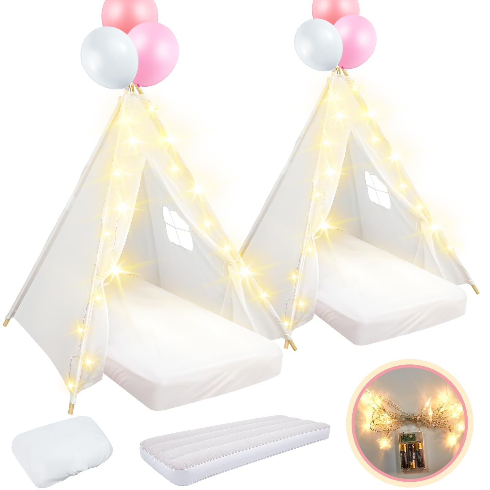2 Pack Kids Teepee Tent with Mattress,Fitted Sheet,Light String