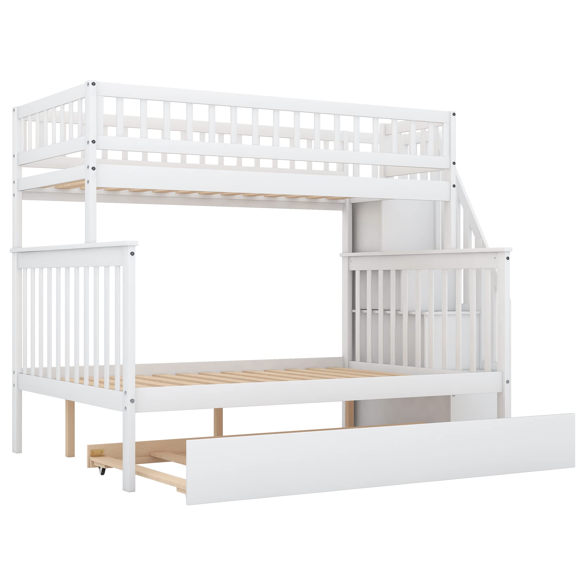 Twin Over Full Bunk Bed with Trundle and Staircase, Bedroom/Guest Room Furniture, Space-Saving Design,White