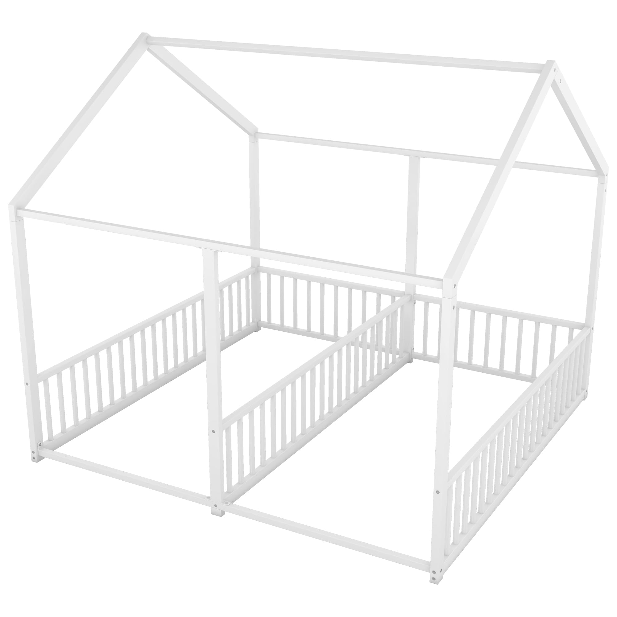 Twin House Floor Bed for Two Kids with Safety Rails