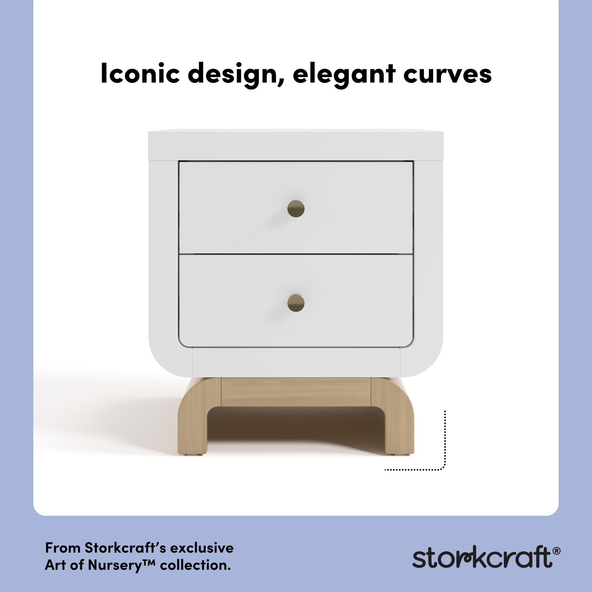Storkcraft Santorini 2 Drawer Nightstand (White & Driftwood) - GREENGUARD Gold Certified Nightstand for Kids Bedroom, Premium Wood with Curved Base, “Champagne” Metal Knobs