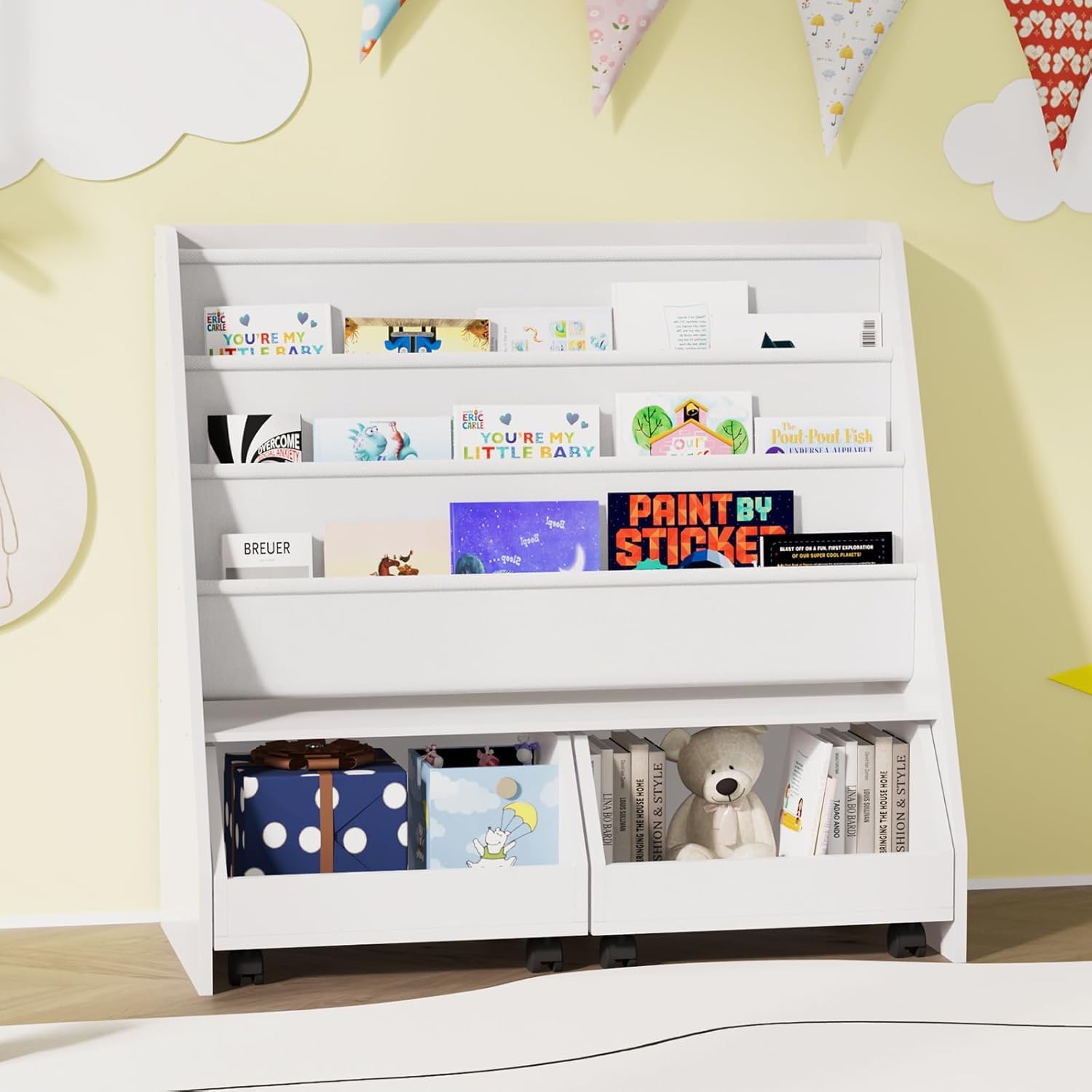 Kids Bookshelf,Toddler Bookcase Toy Bin with 2 Drawers 3 Sling Pockets