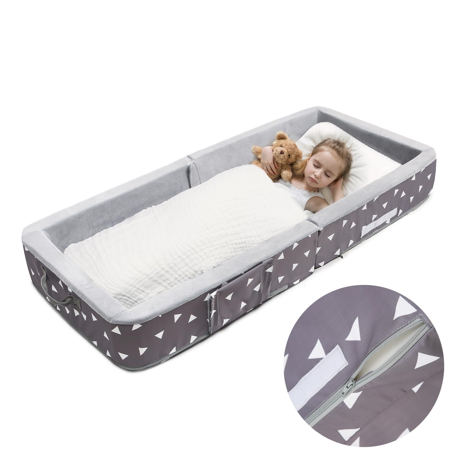 Foldable Toddler Travel Bed with Safety Rails and Washable Cover