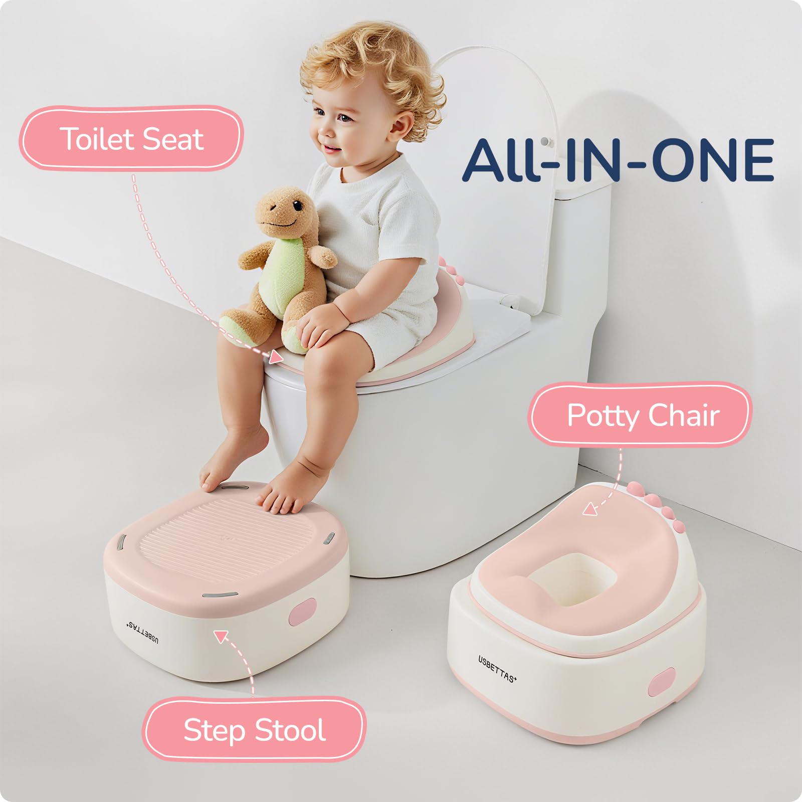 usbettas 3 in 1 Potty Training Toilet, Dinosaur Toddler Potty Training Seat for Boys Girls with Comfortable Cushion, Easy-to-Clean and Anti-Slip Potty Training Step Stool for Toilet (Pink)