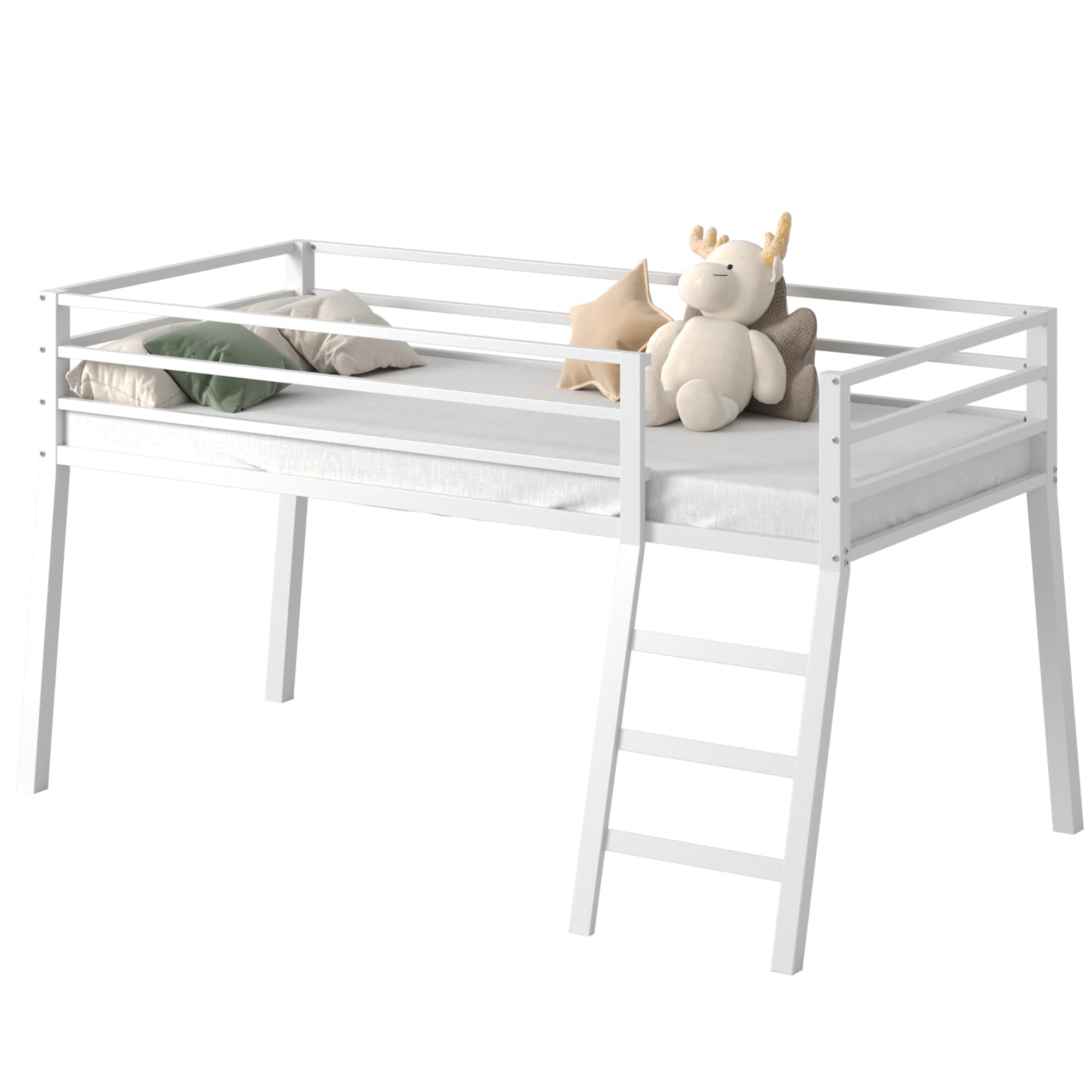 Twin Metal Loft Bed with Stairs and Safety Guardrails