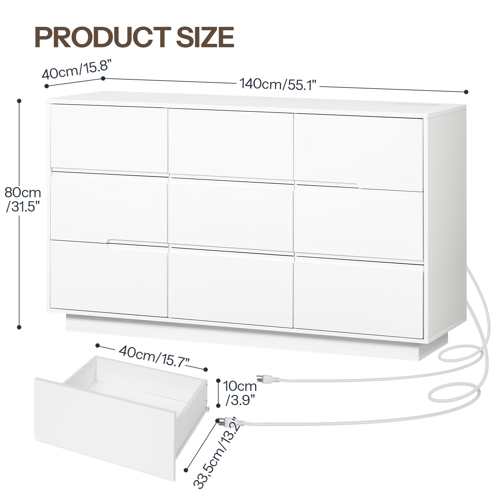 9 Drawer White Dresser with Charging Station and LED Lights