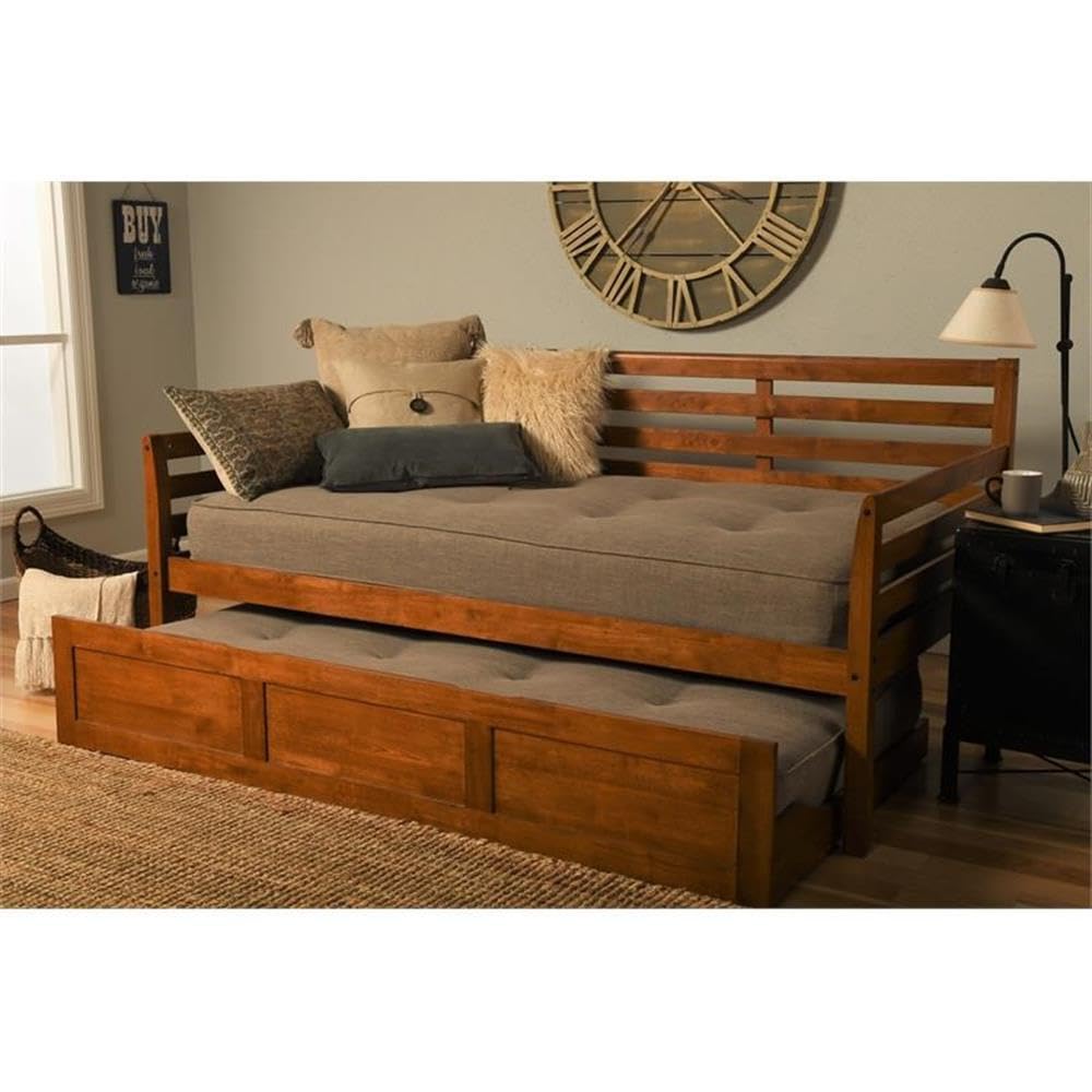 Traditional Wood Twin Daybed with Trundle in Brown-Mattress