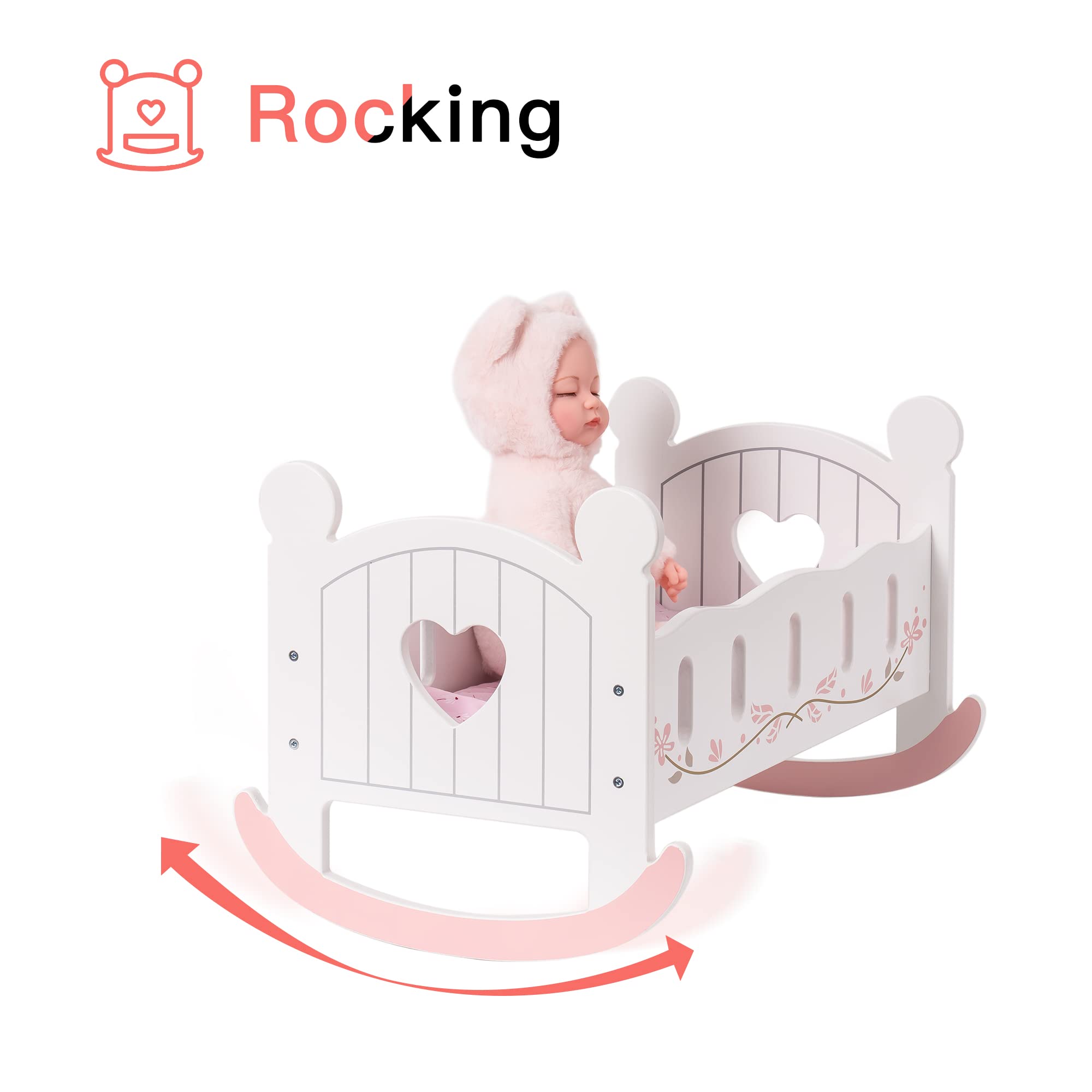 Wooden Doll Cradle Rocking Crib with Bedding Set