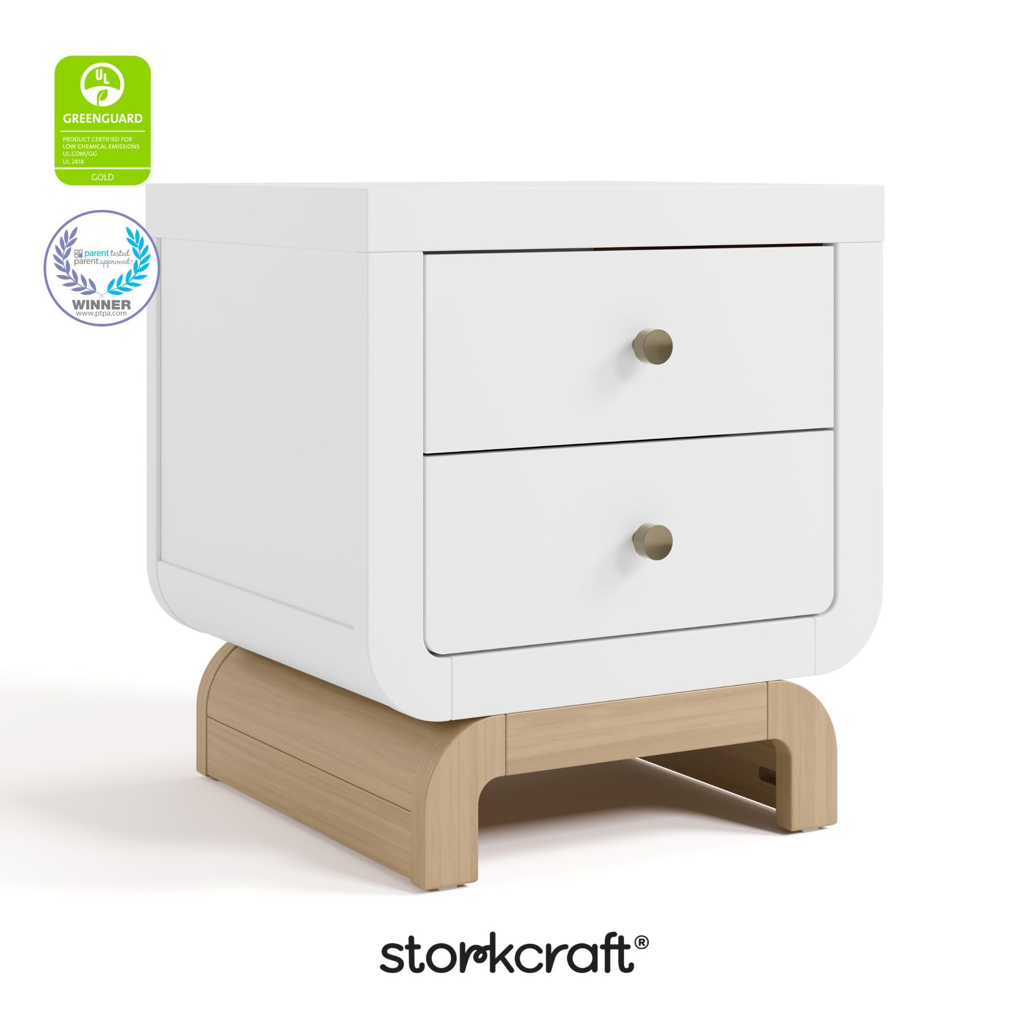 Storkcraft Santorini 2 Drawer Nightstand (White & Driftwood) - GREENGUARD Gold Certified Nightstand for Kids Bedroom, Premium Wood with Curved Base, “Champagne” Metal Knobs