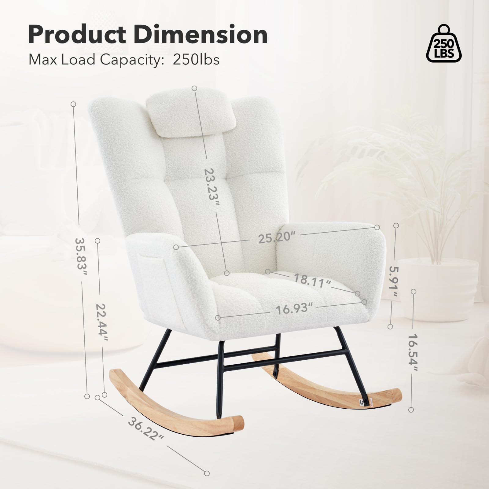 Rocking Chair with High Back and Side Pockets for Nursery