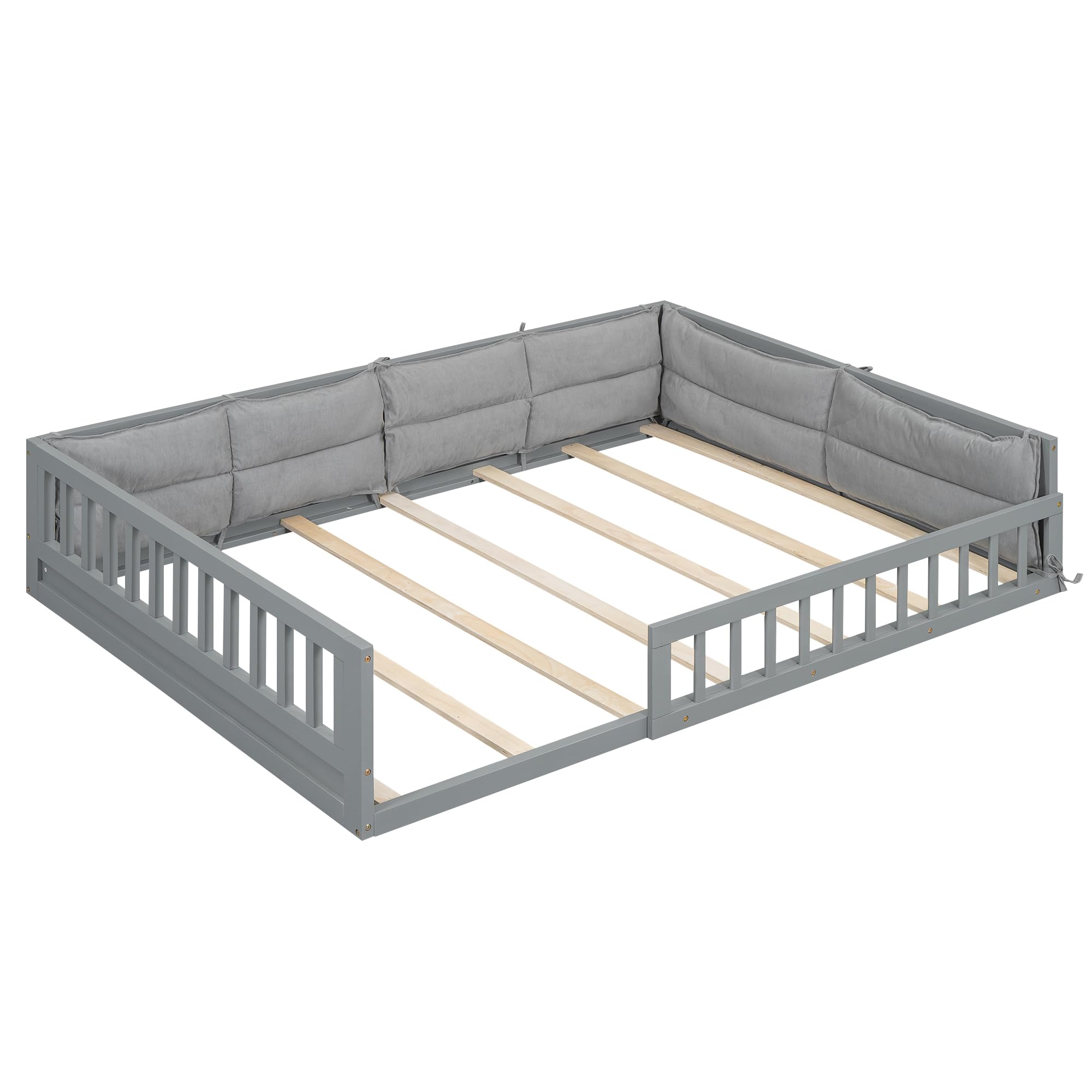 Full Size Floor Bed with Safety Guardrails and Pillows for Kids
