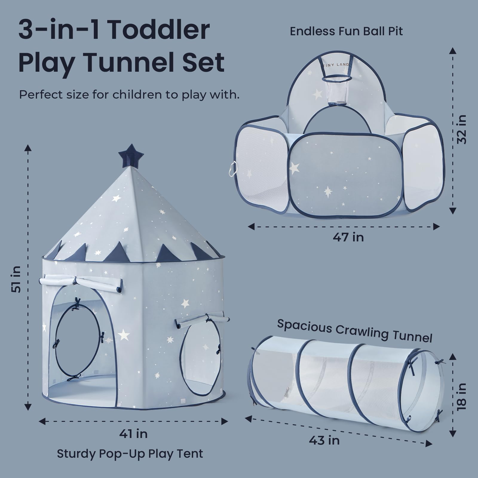 Tiny Land 3-in-1 Baby Tunnel for Toddlers with Ball Pit & Play Tent, Pop Up Crawl Tunnel for Kids, Indoor/Outdoor Play Tunnel, Foldable Baby Crawling Tunnel Toy (Blue)
