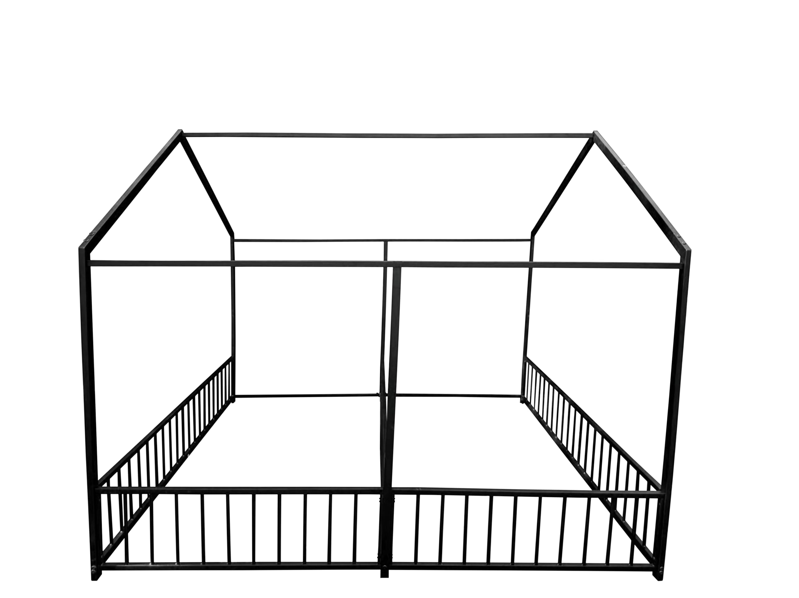 Double Montessori Floor Bed with Fence & Roof for Two Kids Teens Boys Girls
