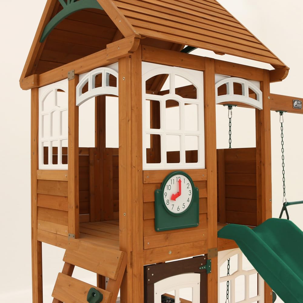 Wooden Outdoor Swing Set with Slide Rock Wall Clubhouse