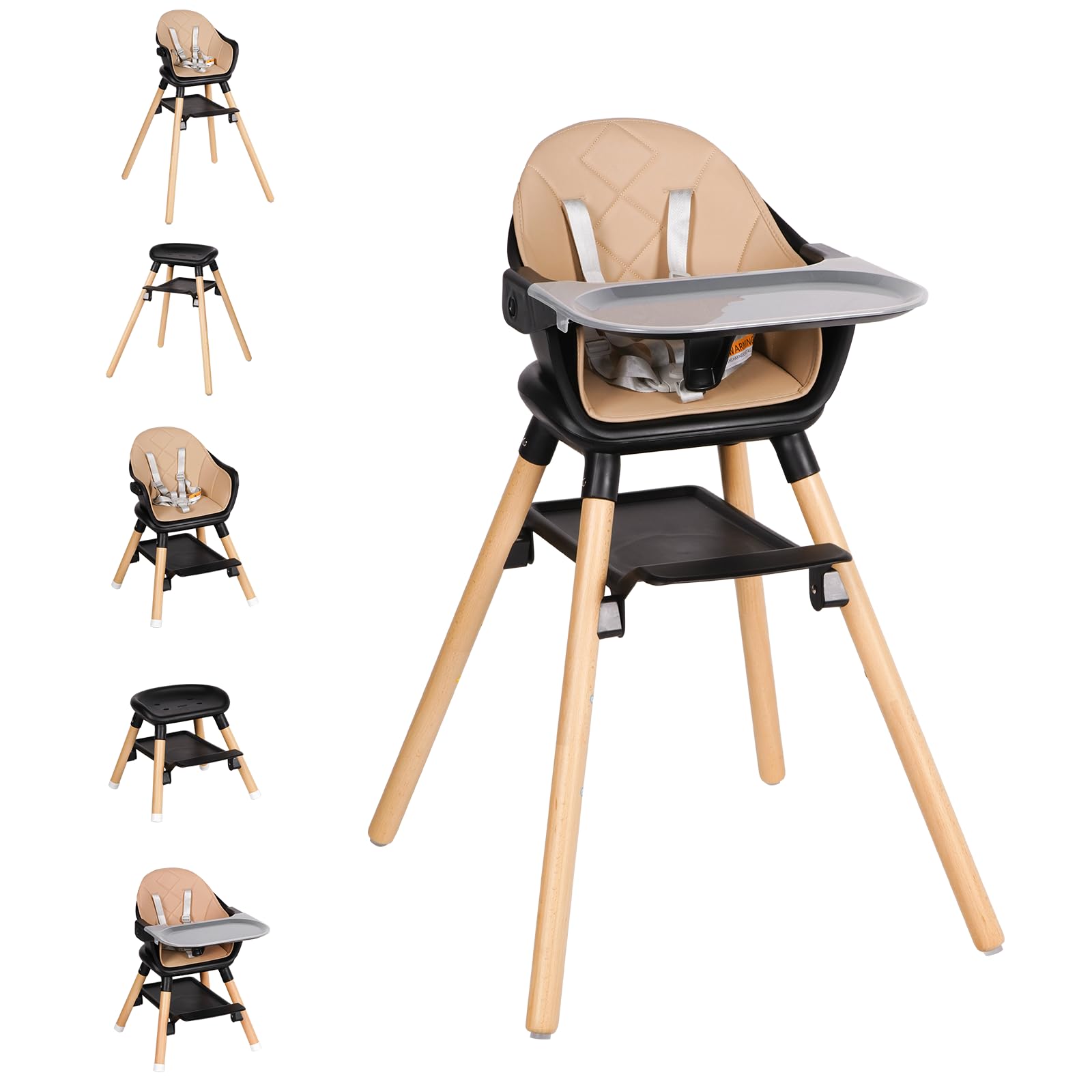 6-in-1 Wooden Convertible High Chair with Reversible Footrest