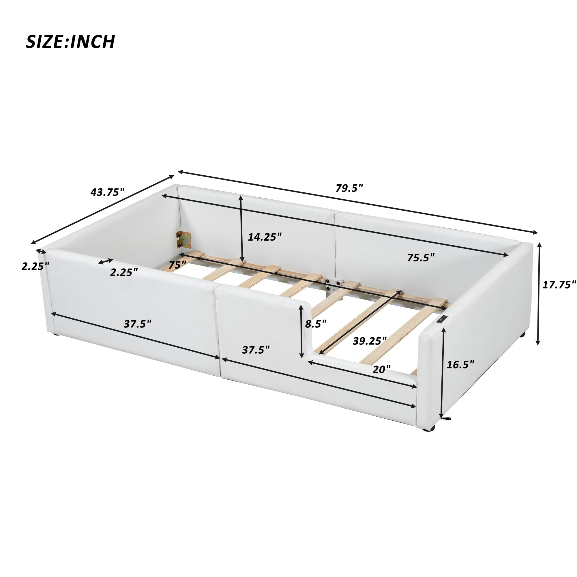 Merax Twin Size Kids Floor Bed with Guardrail and Charging Station, PU Leather Upholstered Daybed Frame for Bedroom, Children's Room, Wood Slats Support, No Box Spring Needed, Easy Assembly, White