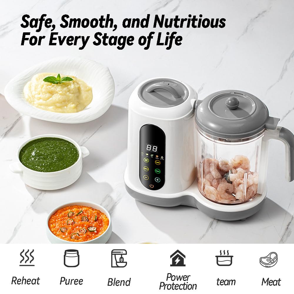 Baby Food Maker | One Step Baby Food Processor Steamer Puree Blender- - BPA-Free, Quiet Operation, Adjustable Texture, Easy to Clean, Stainless Steel Parts, Touch Screen Control, White