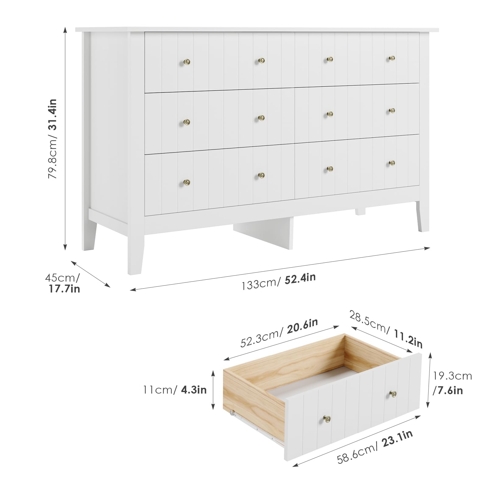 6 Drawer White Dresser with Deep Storage