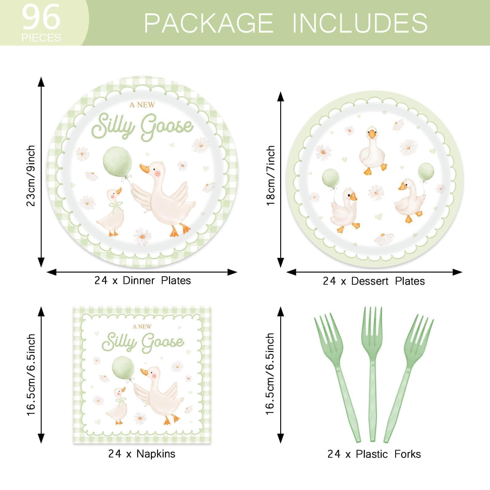 96pcs A New Silly Goose Baby Shower Tableware Kits Goose Theme Disposable Paper Plates and Napkins Set for 24 Guests Farm Animal Baby Shower Supplies for Girls Boys