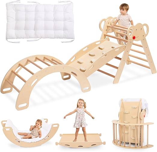 8-in-1 Pikler Triangle Set-Wooden Baby Climbing Toys with Cushion