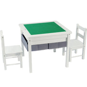 2 in 1 Construction Play Table & 2 Chairs Set, Wooden Building Desk w/Storage Drawers