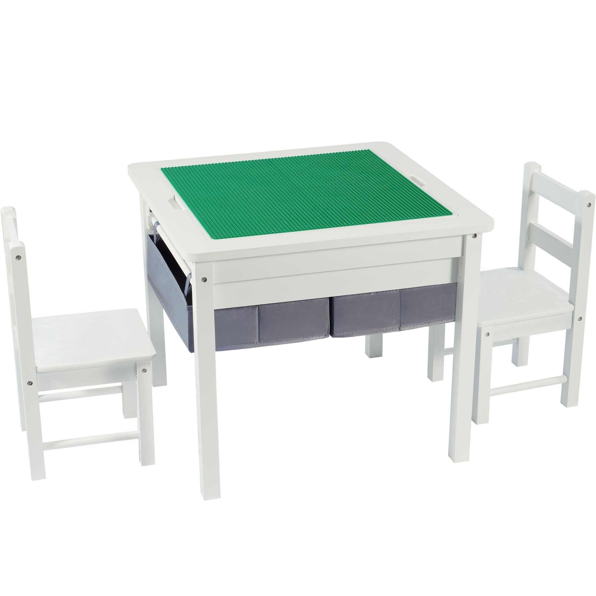 2 in 1 Construction Play Table & 2 Chairs Set, Wooden Building Desk w/Storage Drawers