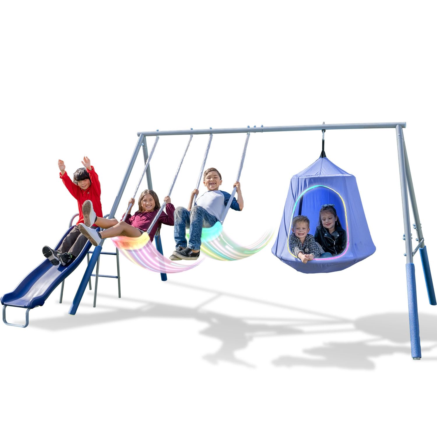 Shooting Star Metal Swing Set w/ 2 LED Swings, Padded Saucer Swing