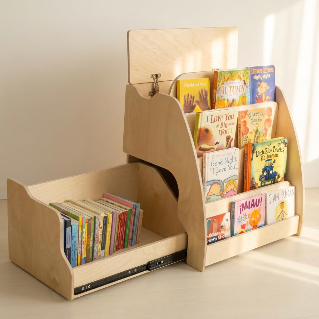 Montessori Bookshelf for Toddlers with Storage