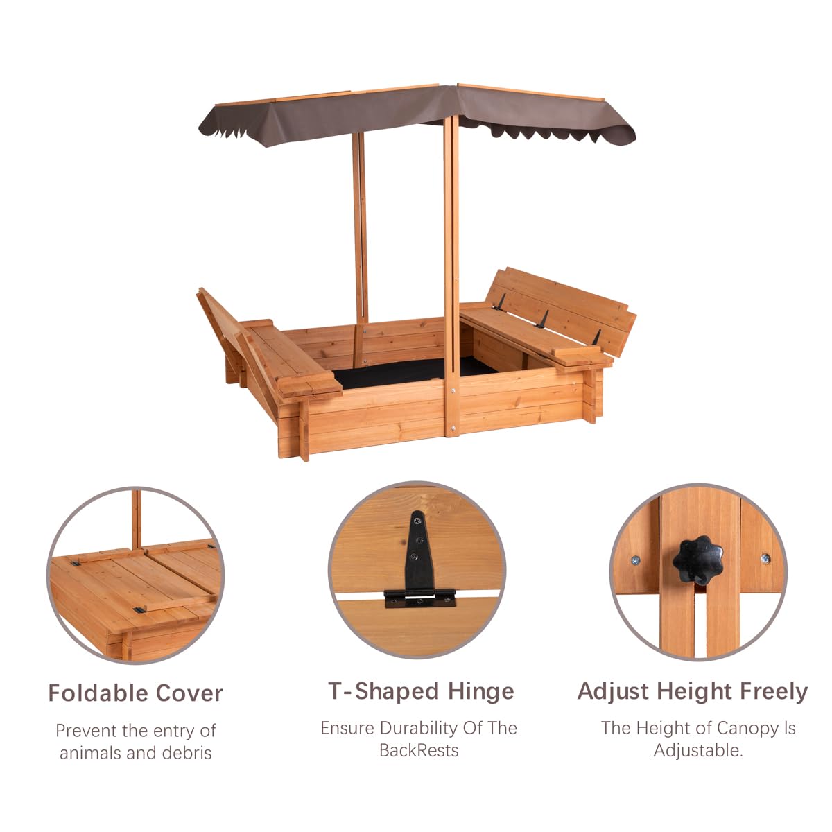 Wooden Sandbox with Canopy Cover and Bench Seats