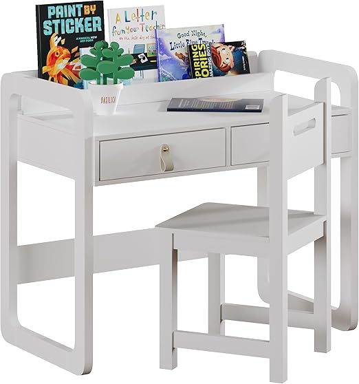 Kids Desk and Chair Set, Study Desk with Drawers, Wooden Children Table Set