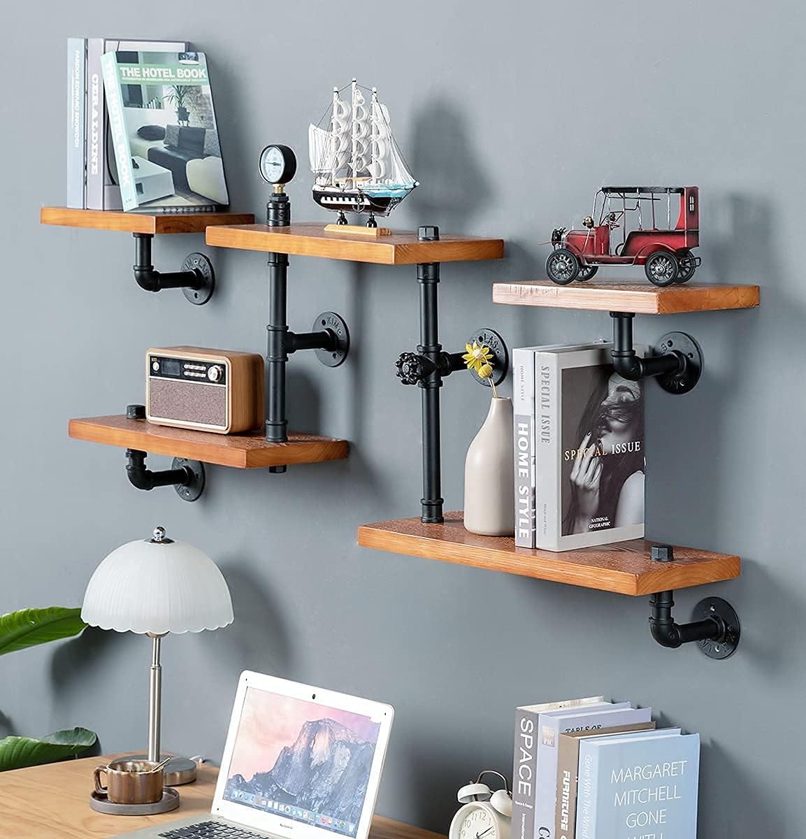 ndustrial Rustic Modern Wood Ladder Pipe Wall Mounted Floating