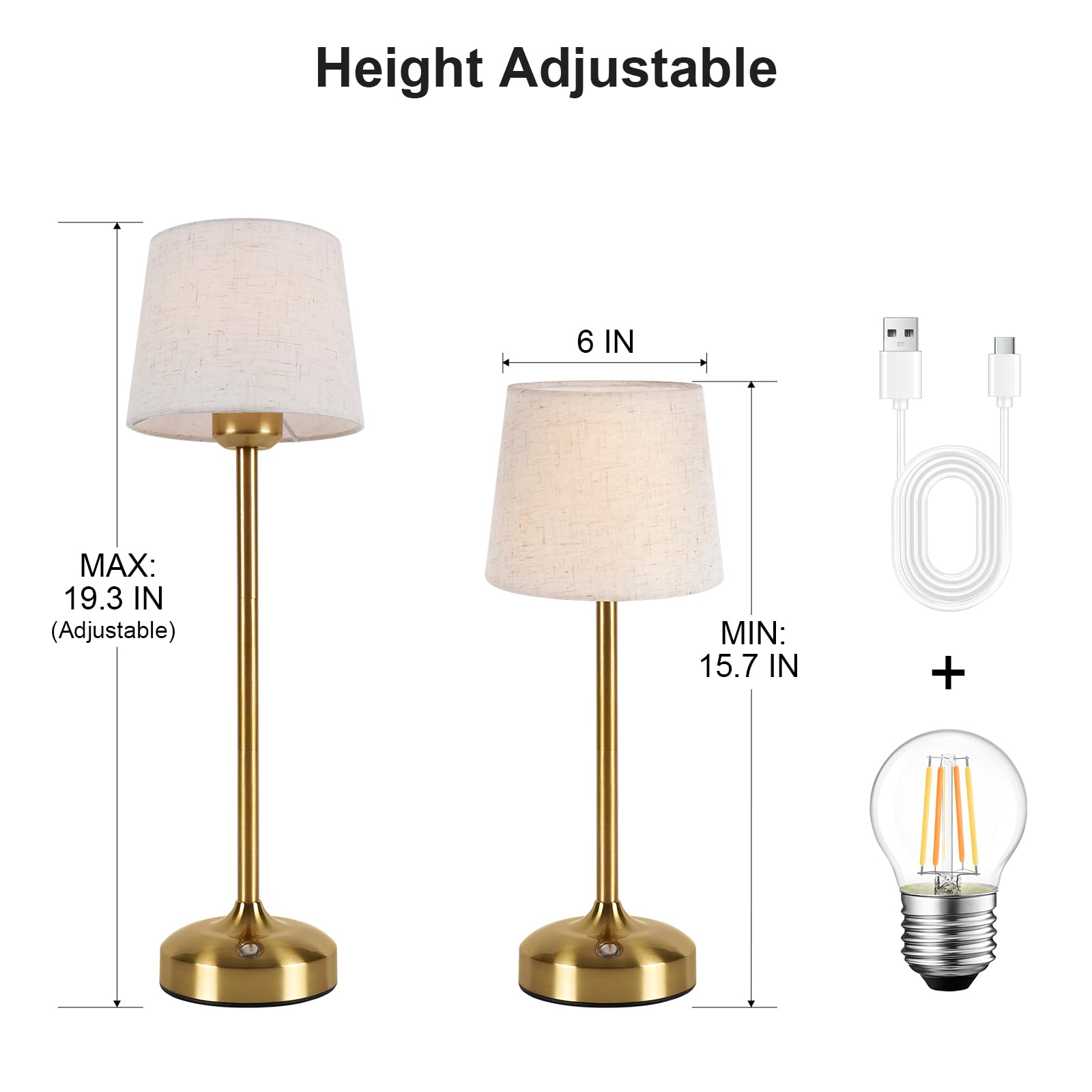 YAYZA! Cordless Table Lamp Adjustable Height Desk lamp, Fabric Shade 7500mAh Rechargeable LED Wireless Touch Night Light Stepless Dimming, 3 Color Temperatures with Edison Bulb (High Gold - 1 Pack)