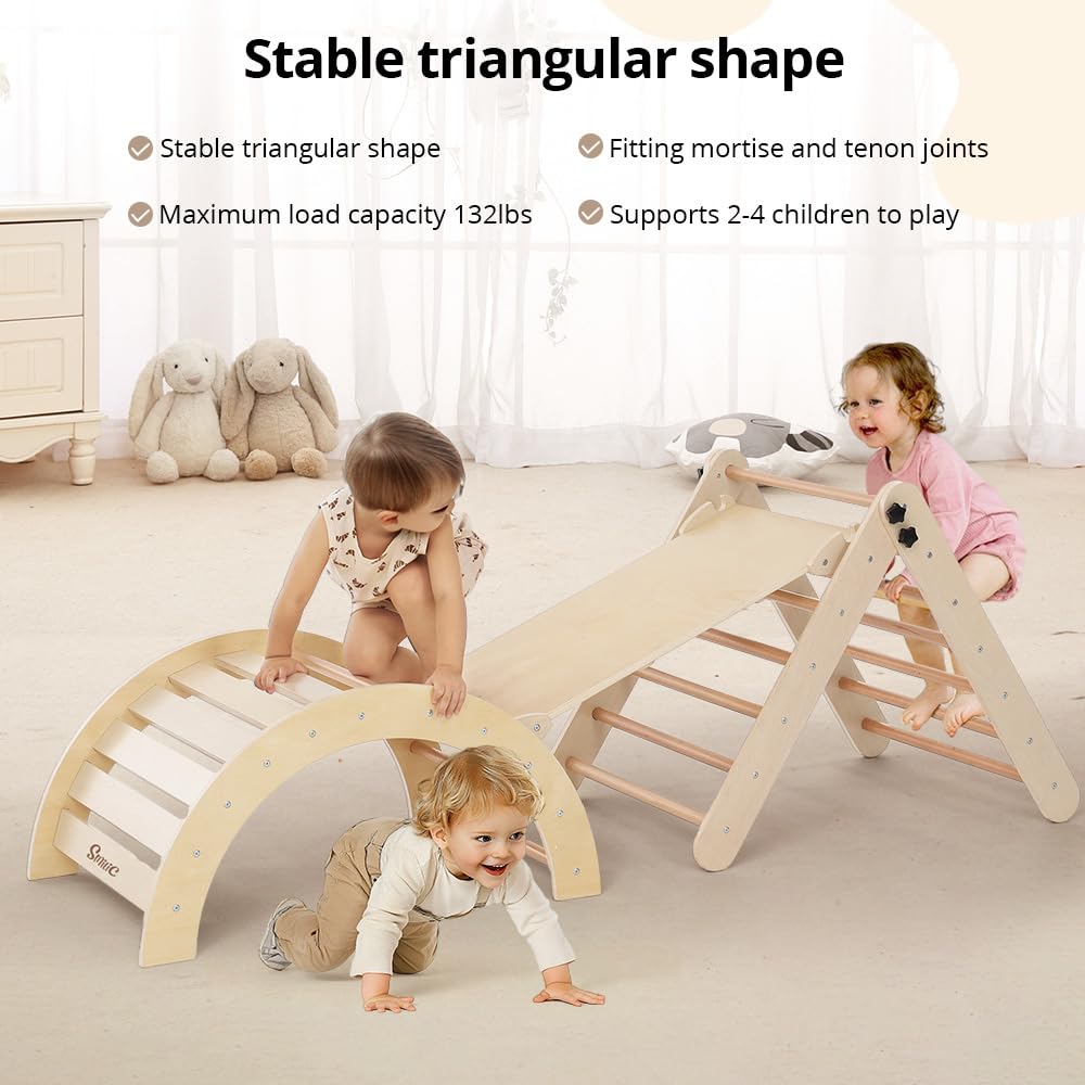 Pikler Triangle Climbing Set with Cushion and Arch Ramp