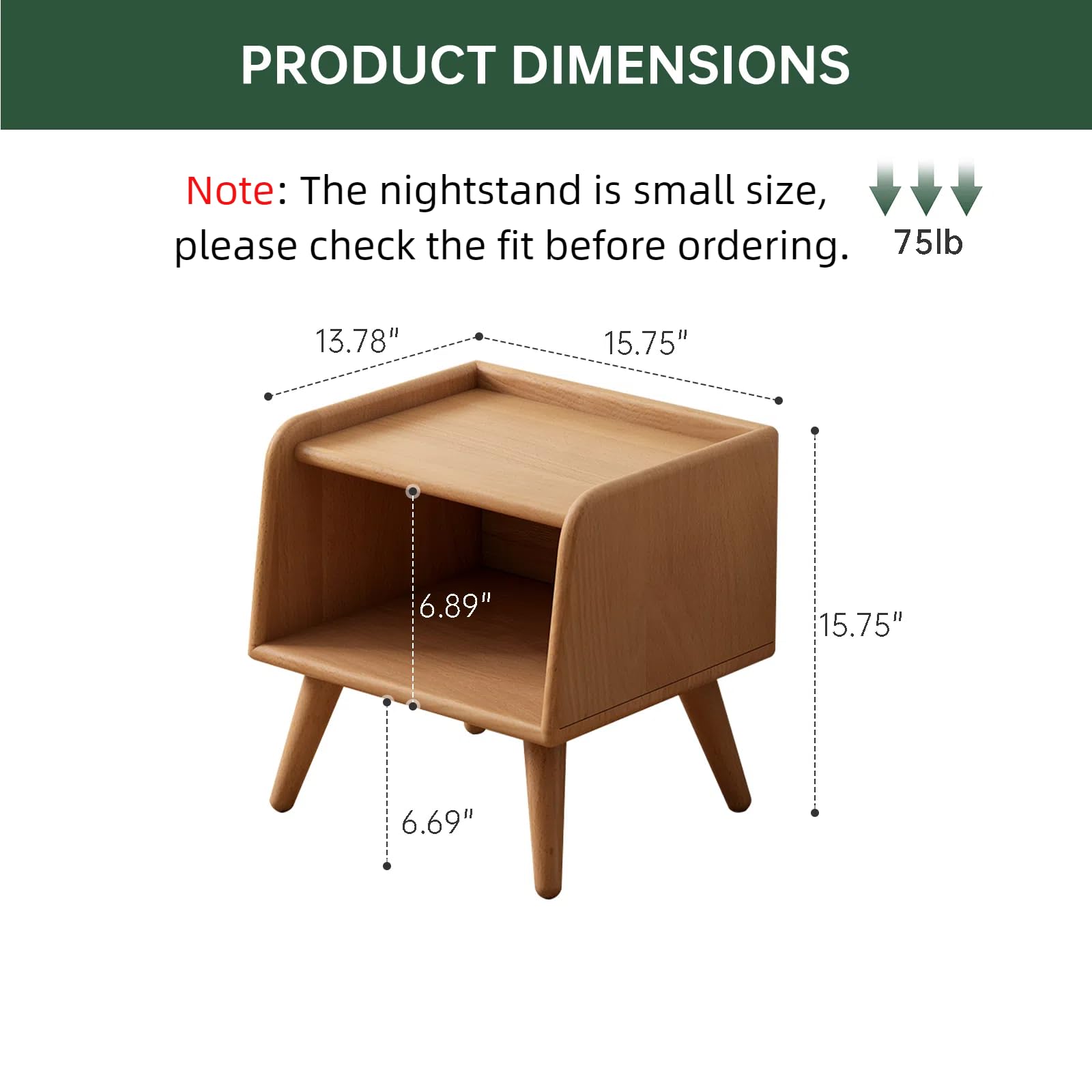 Solid Wood Nightstand with Open Storage Shelf