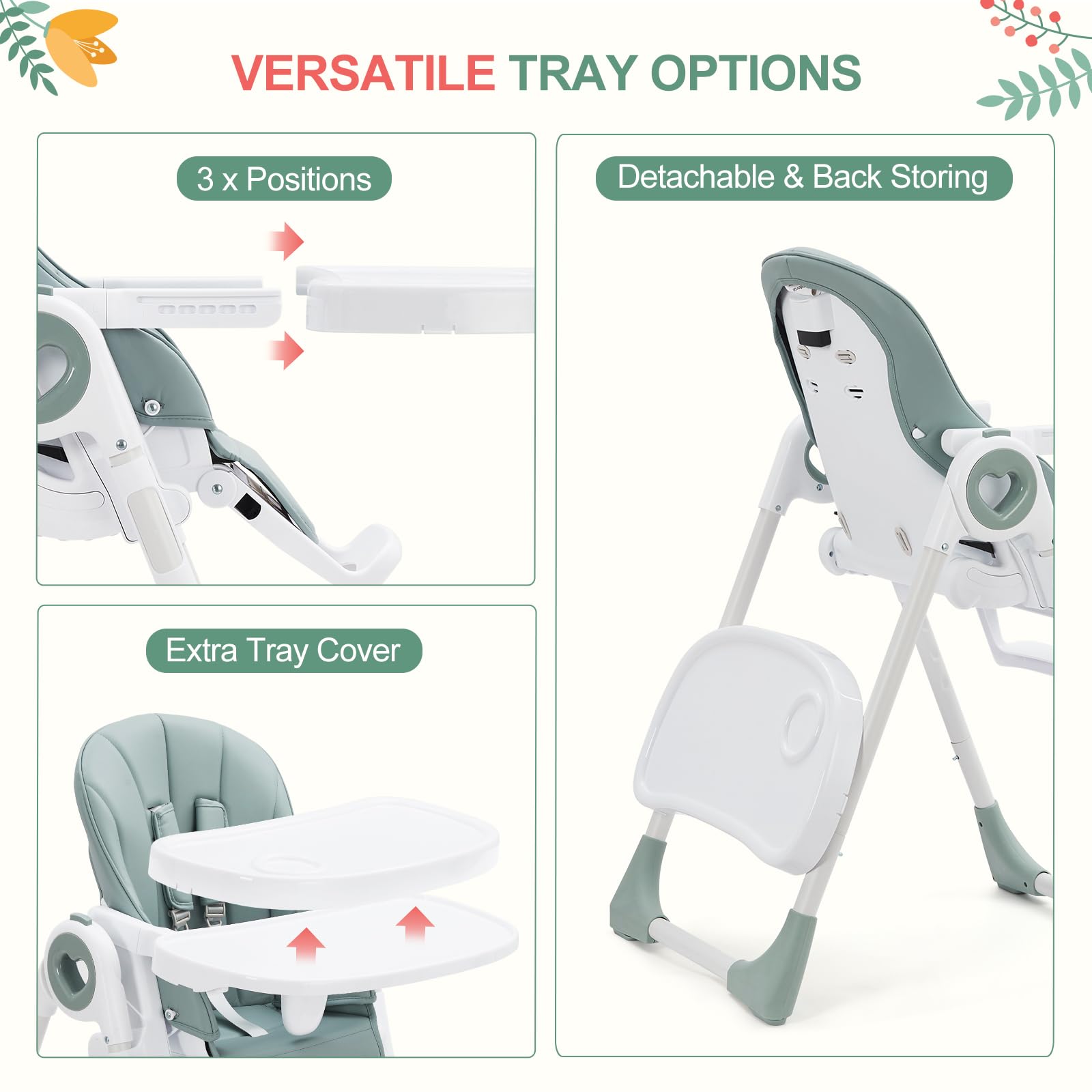 Foldable Baby High Chair with Adjustable Height and Removable Double Tray