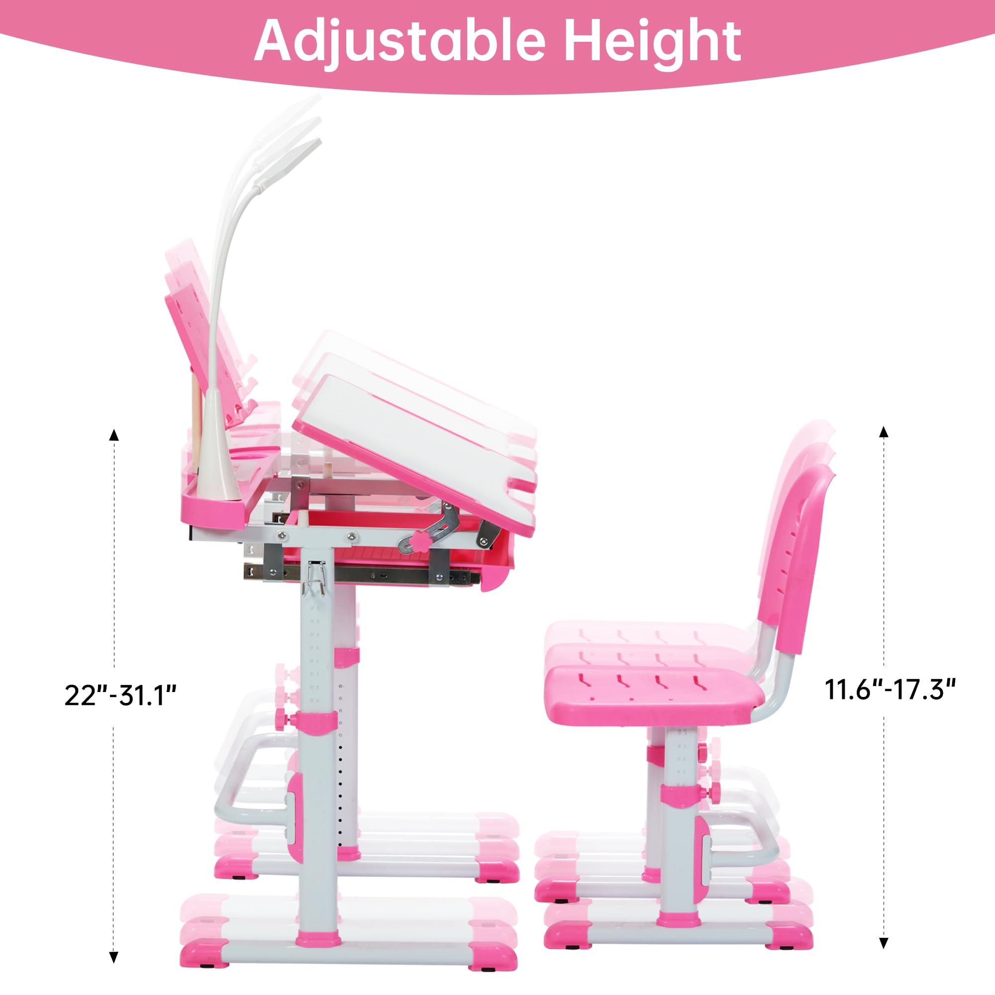 Height Adjustable Kids Desk and Chair Set with Tiltable Desktop