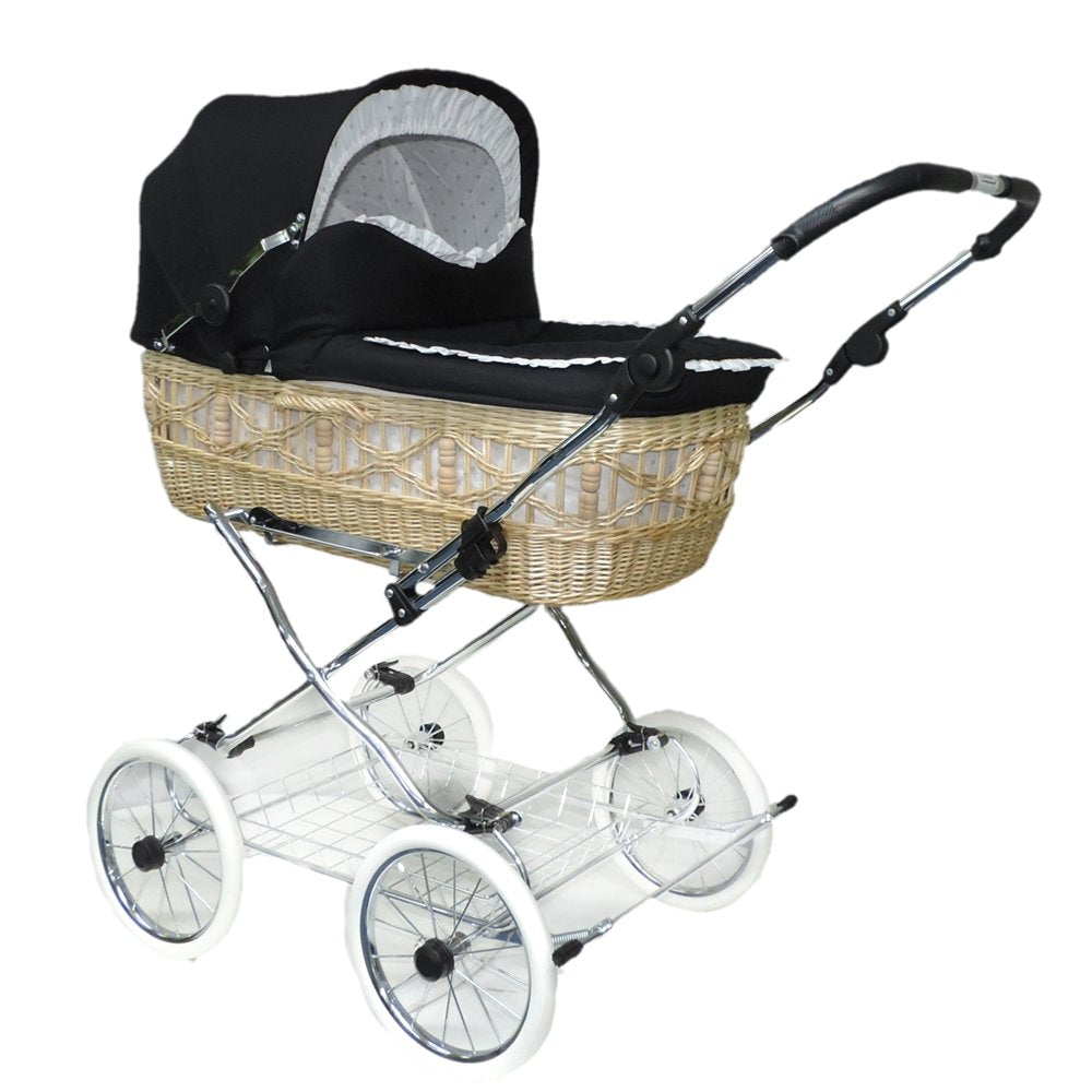 Basket Pram with Leather Strap Frame with Sliding Height Adjustment Basket Natural Willow