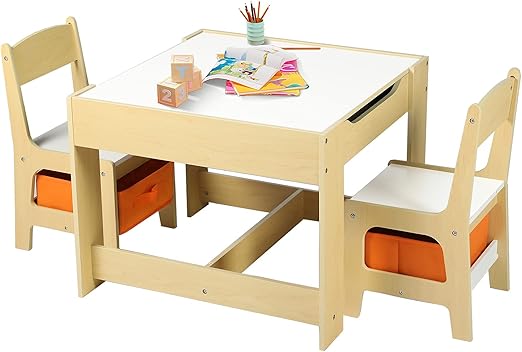 Kids Wood Table & 2 Chairs Set, 4 in 1 Children Activity Table w/Double Bookcase,
