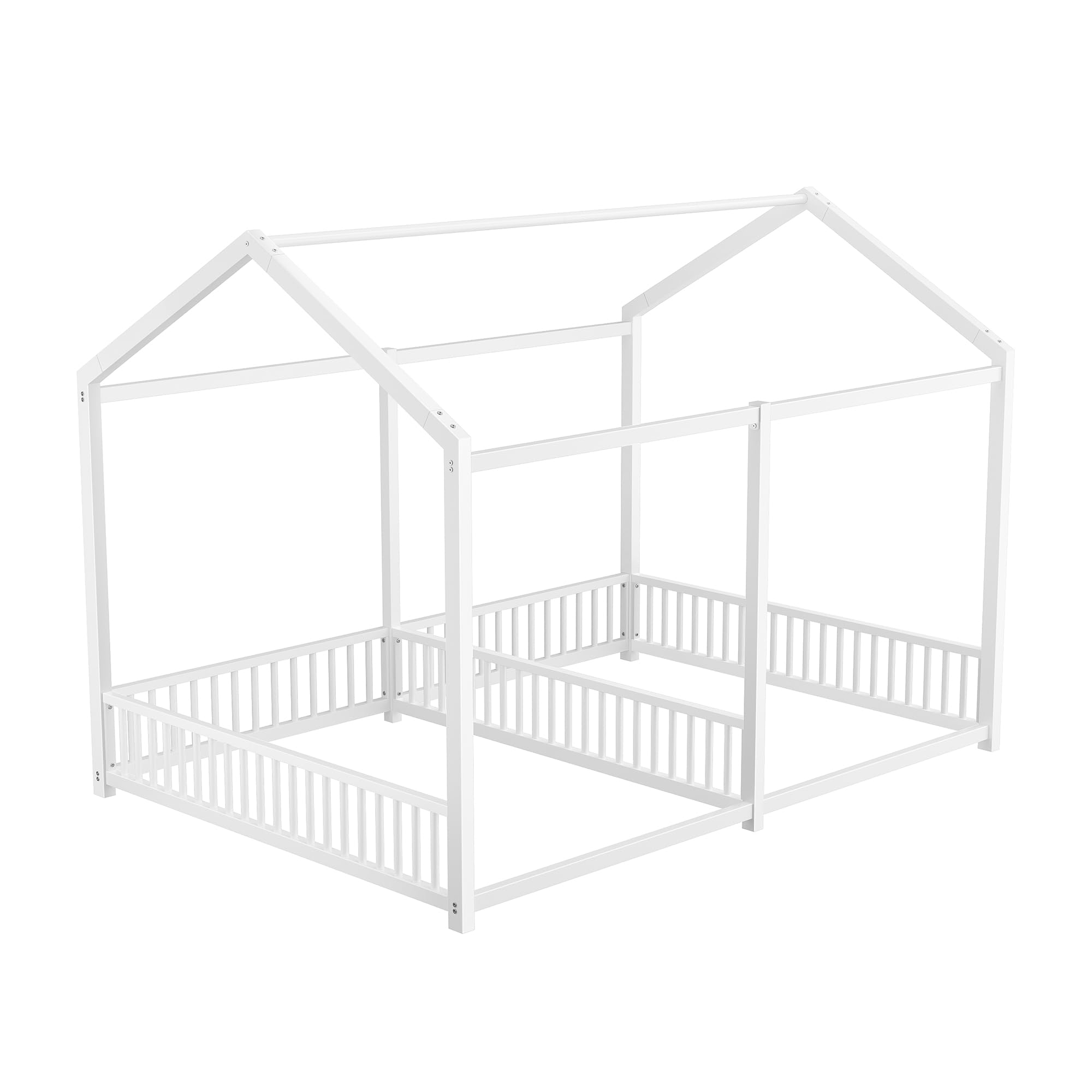 Double Twin House Floor Bed with Fence and Roof