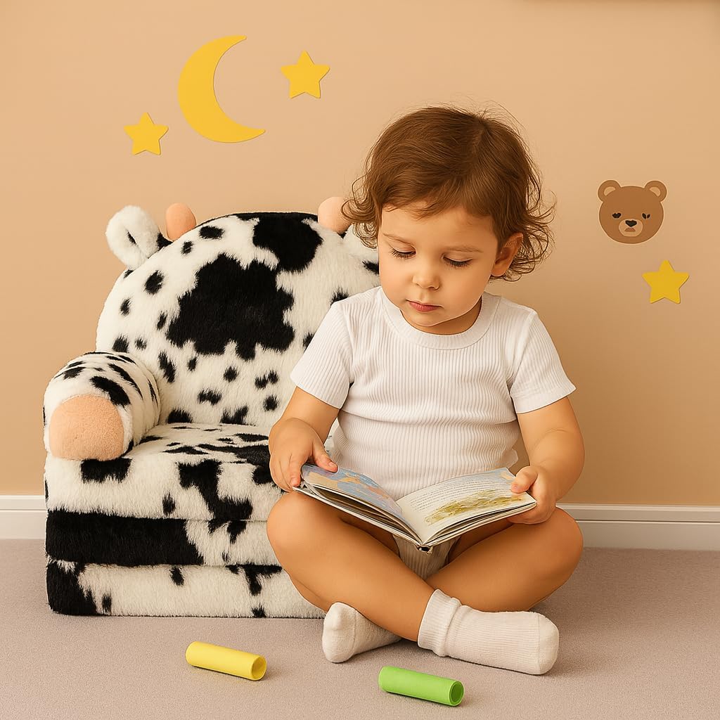 Toddler Chair with Faux Rabbit Fur – 2-in-1 Foldable Kids Couch, Soft Sofa for Reading