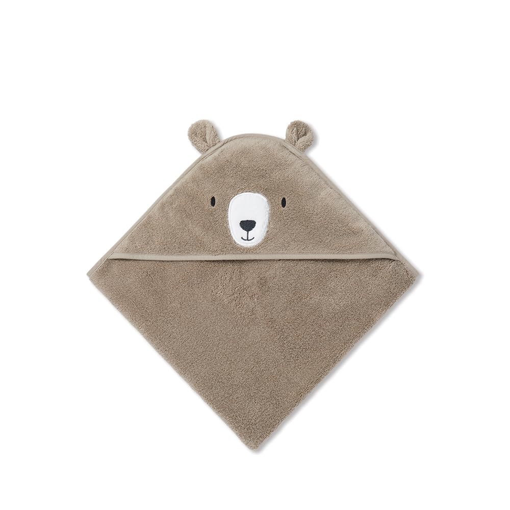 Hooded Bath Towel with Bear Design in Taupe - Unisex Soft Cotton
