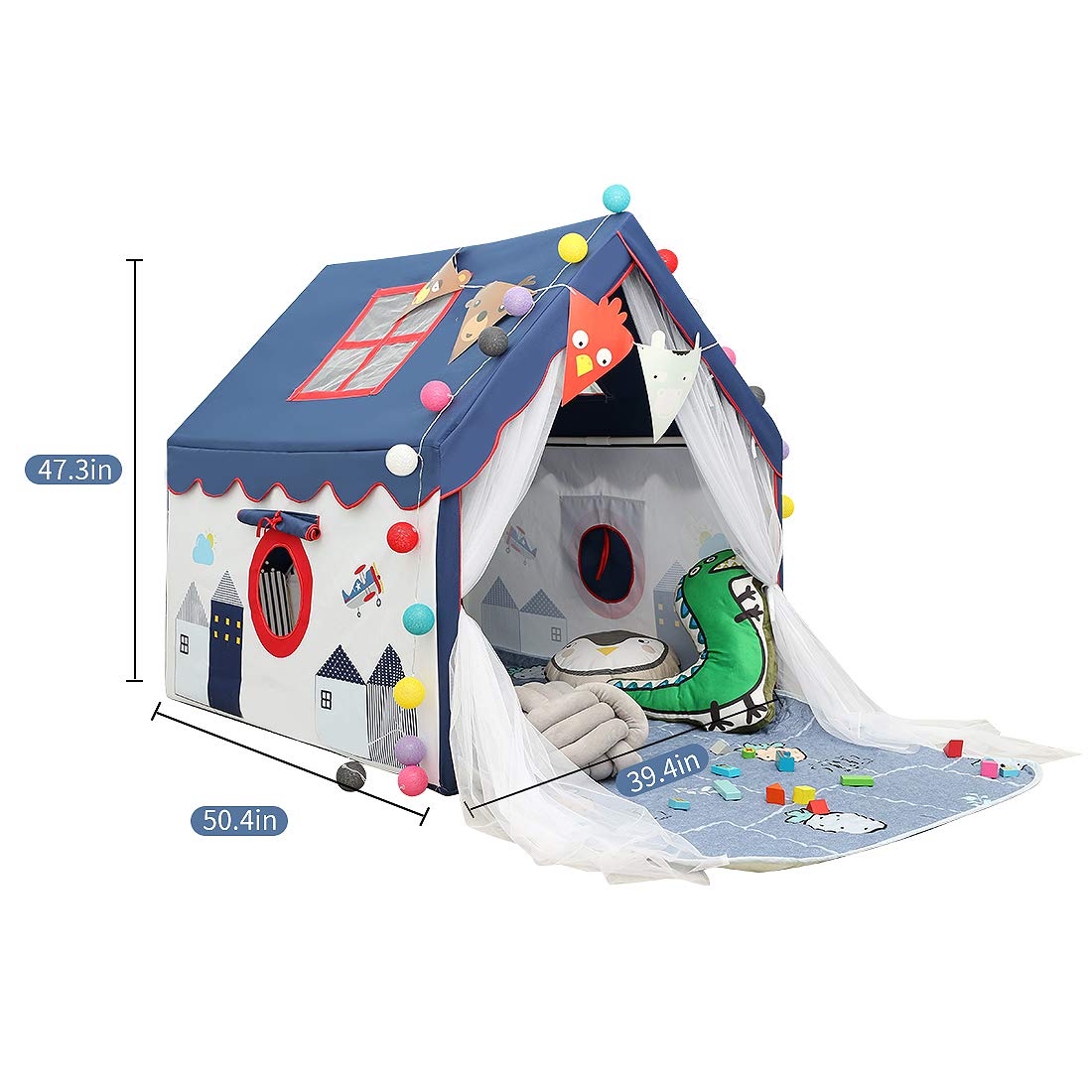 Kids Tents Indoor Playhouses Boys 9.9Ft Star String Lights Blue Tent for Upgraded Large and Longer Curtain with Colorful Accessories Decoration 50.4" x 47.3"