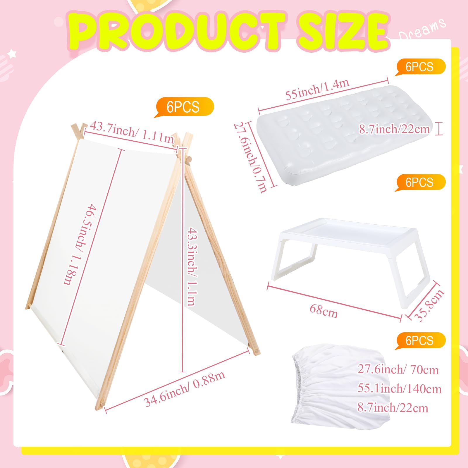 6-Piece Teepee Tent Party Set with Air Mattresses and Tray Tables - White