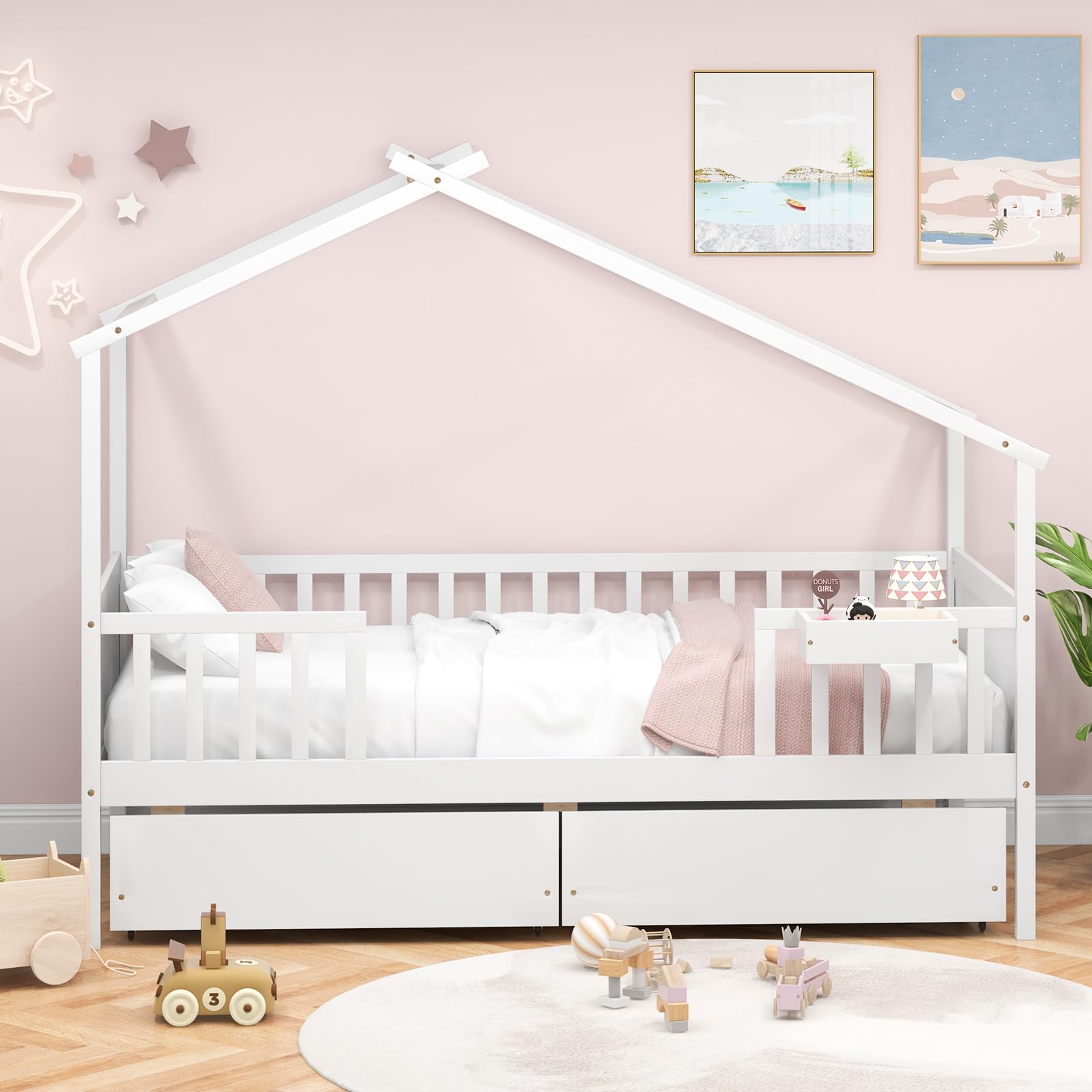 Twin House Bed with Storage Drawers and Fence Rails