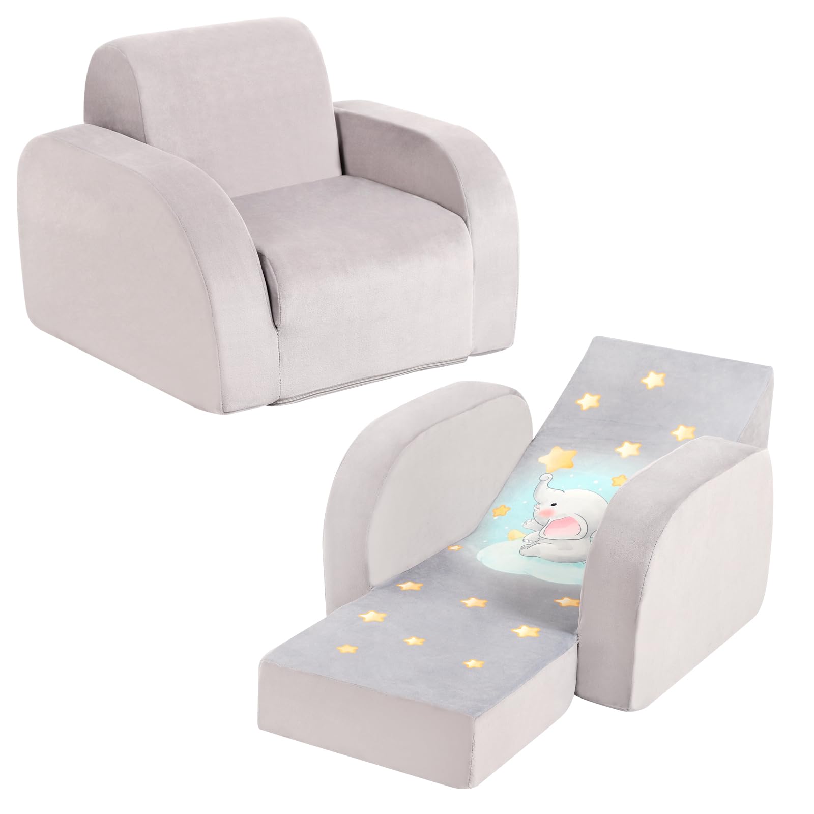Elephant Printed Kids Sofa, 3-in-1 Convertible Flip Open Toddler Couch, Comfy Lounger
