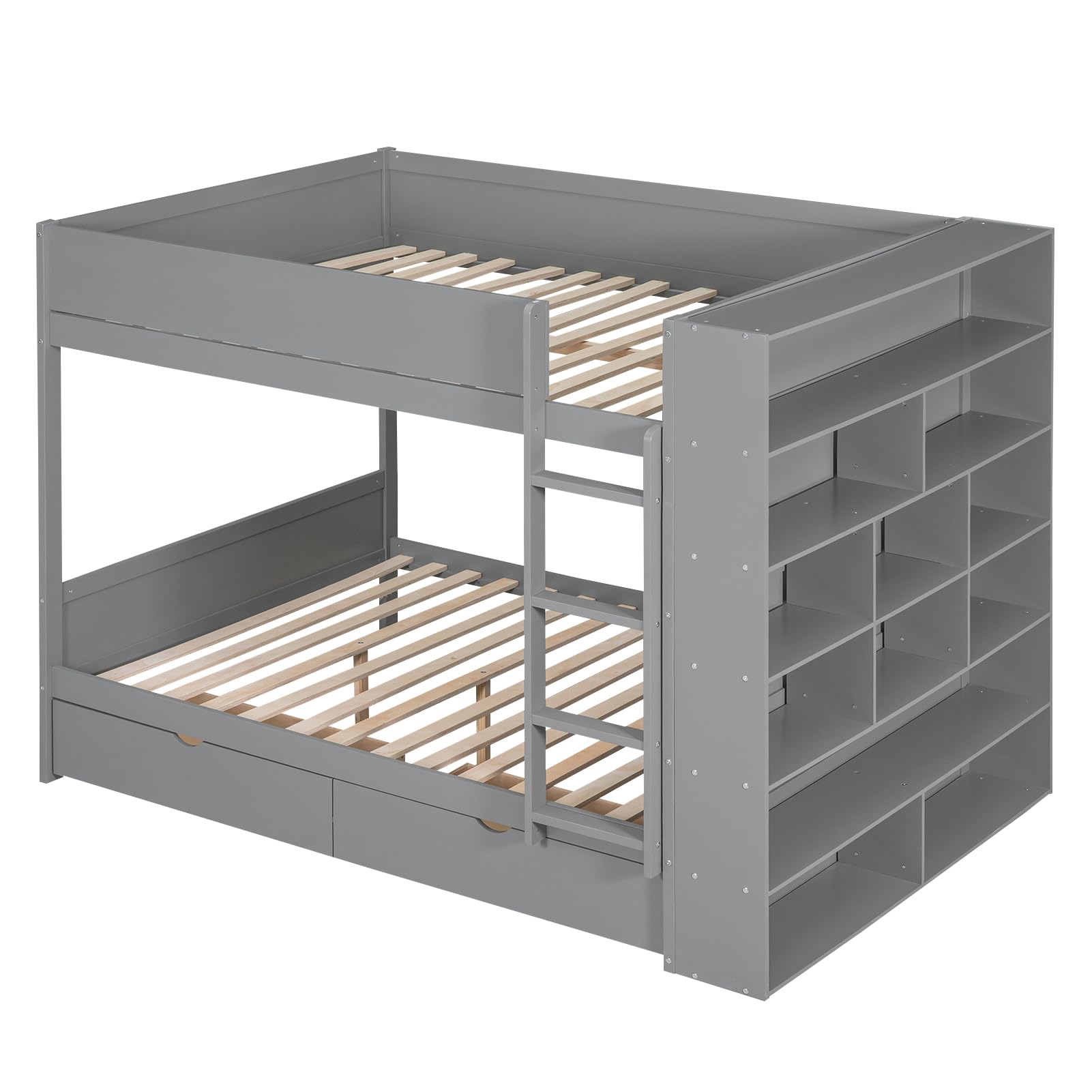 Full Over Full Bunk Bed with Storage Drawers and Cabinet