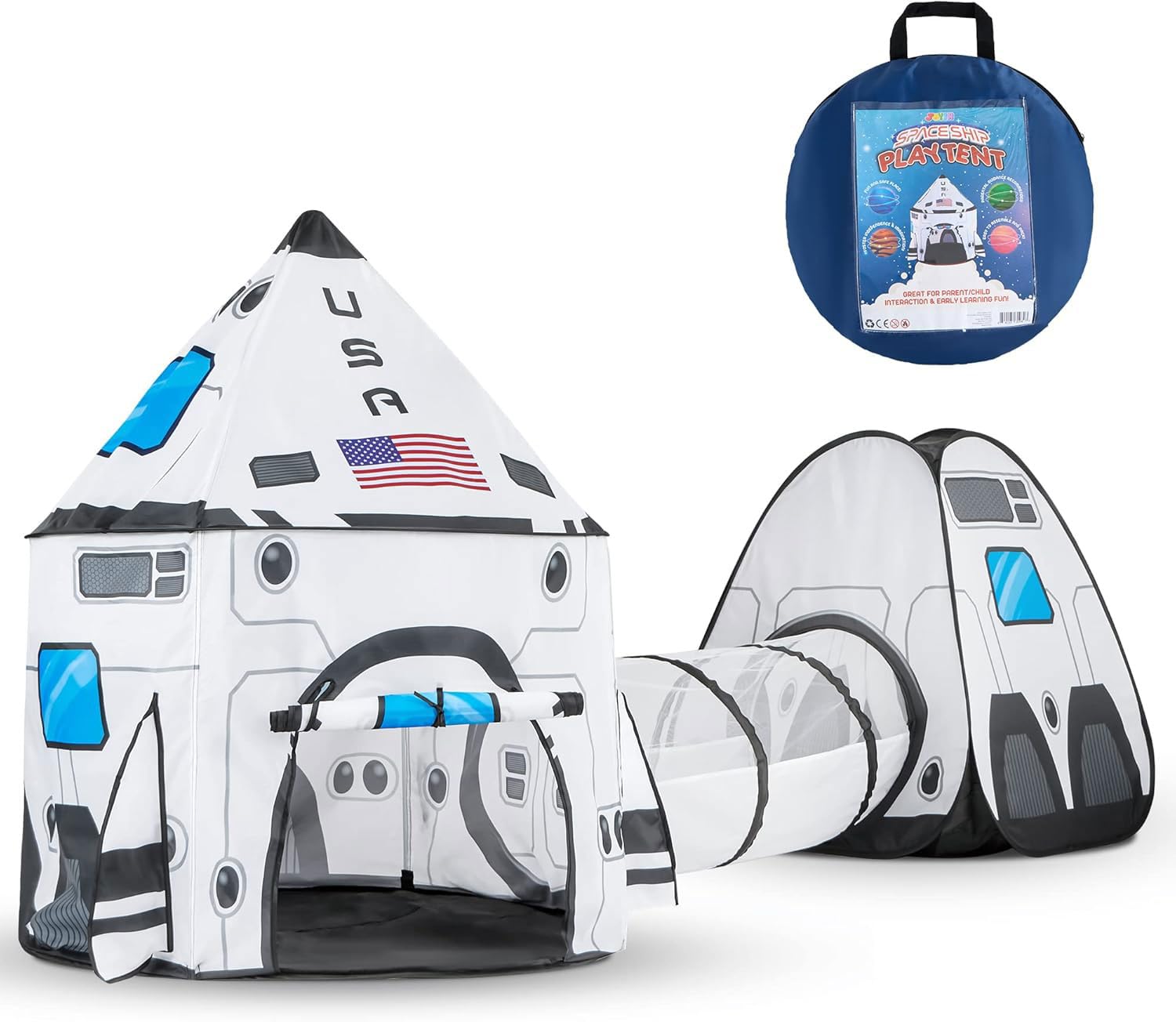 White Rocket Ship Pop up Play Tent with Tunnel and Playhouse