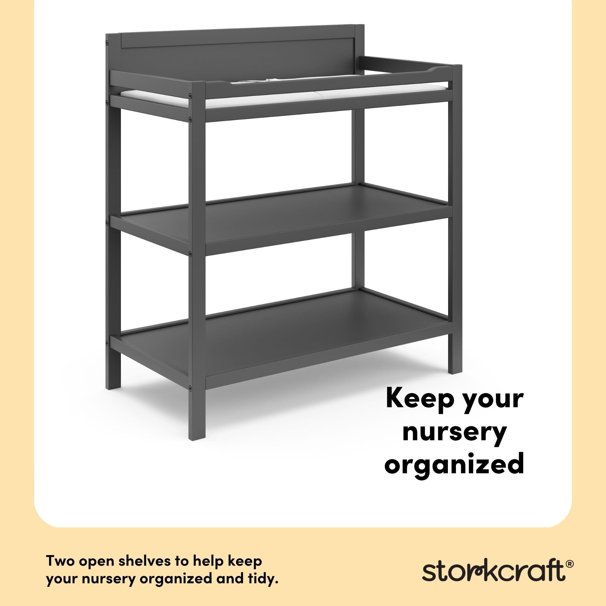 Nursery Changing Table with Water-Resistant Pad and Storage Shelves