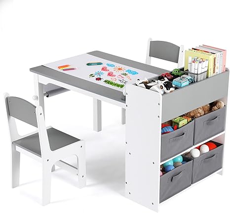 Kids Art Table and 2 Chairs, Toddler Craft Drawing Desk with Large Storage